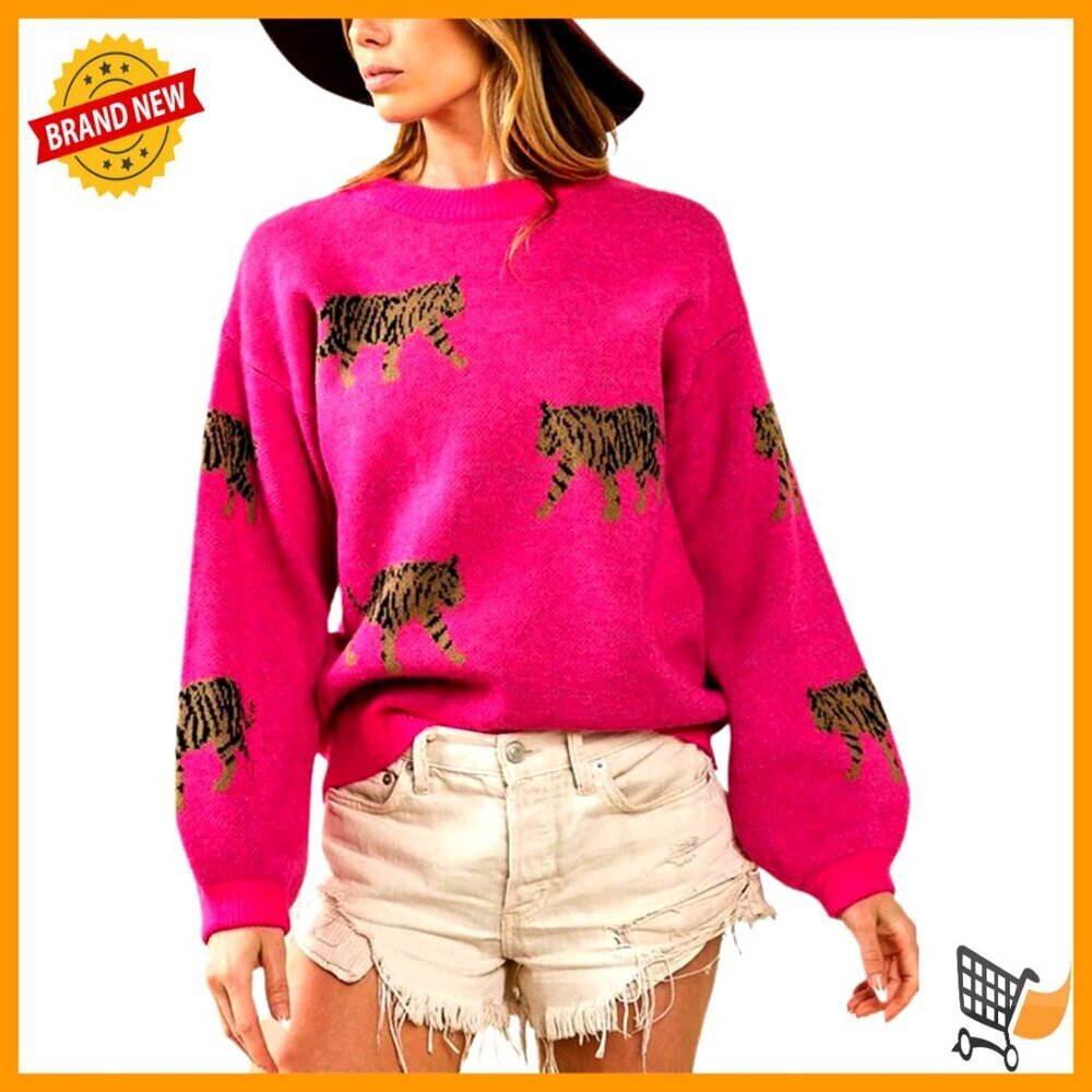 Oversized Tiger Print Pullover Sweater Y2K Streetwear Knit Long Sleeve Top